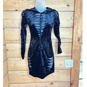 Black Crushed Velvet Hooded Cut Out Mini Dress Long Sleeve Goth Festival Scene